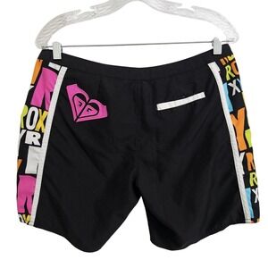 Roxy Board Shorts Women 9 Black Multi Logo Lace Up Surf Swim Trunk Side Spellout